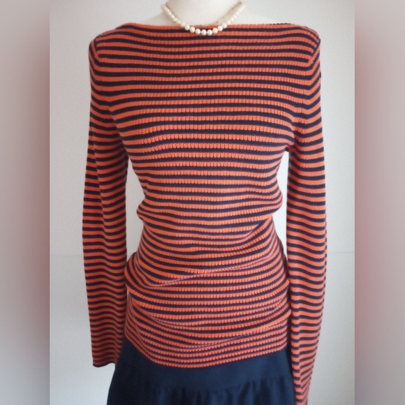 Ralph Lauren Orange Navy Blue Striped Shaker Knit Boat Neck Sweater Size Small - Picture 3 of 15
